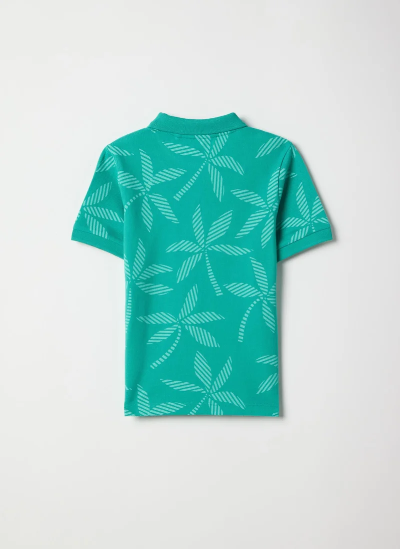او في اس OVS Green Pure Cotton Boys Polo Shirt, Regular Fit, With Floral Design