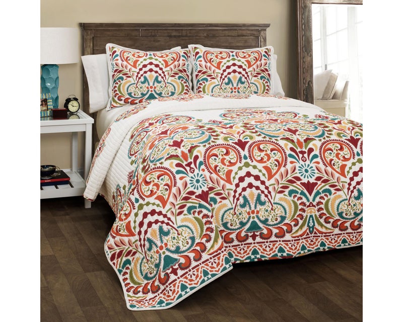 Lush Decor Clara Quilt 3 Piece Reversible Bedding Set King Turquiose  Tangerine