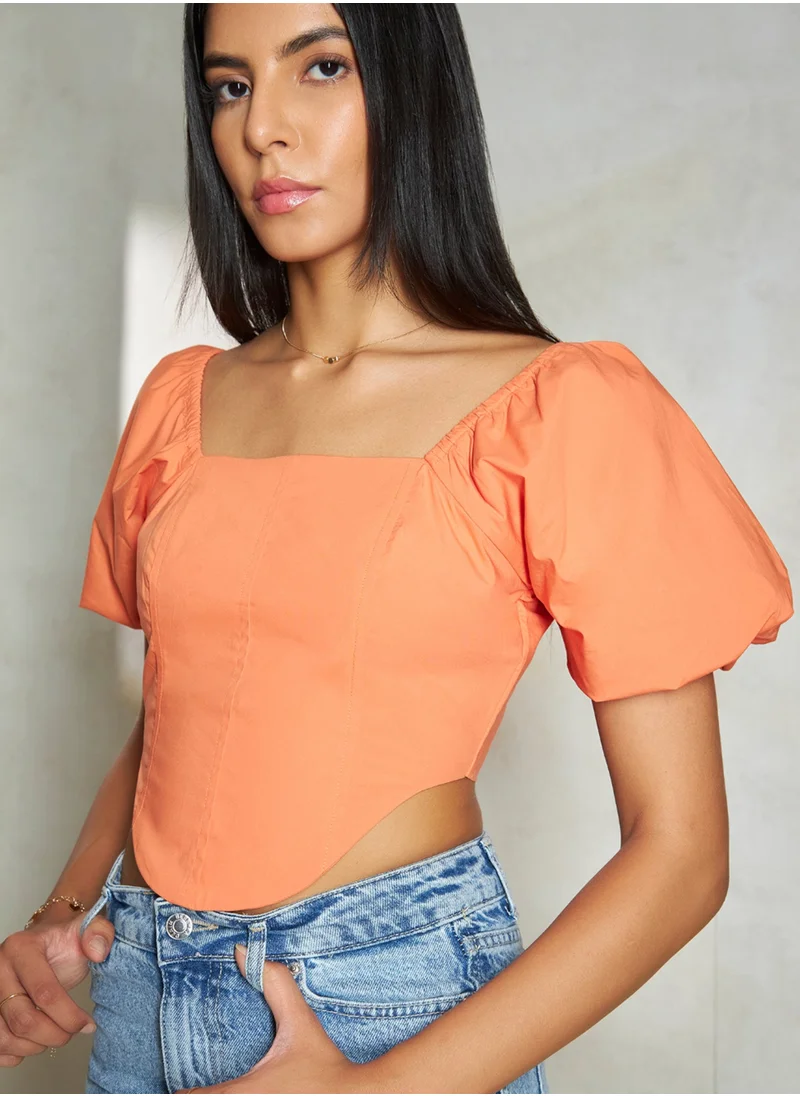 فيرجيو VIRGIO 100% Cotton Corset Top With Puff Sleeves