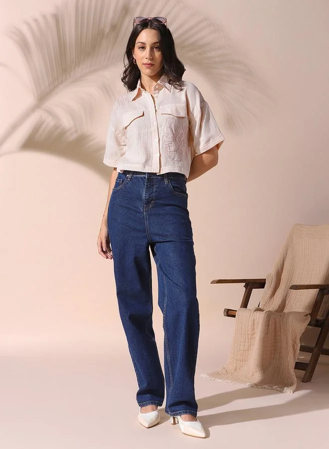 Dennis Lingo Women's Off White 100% Cotton Solid Pattern Button Down Relaxed Shirt