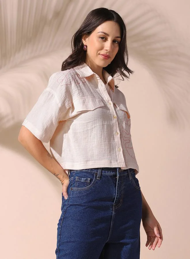 Women's Off White 100% Cotton Solid Pattern Button Down Relaxed Shirt