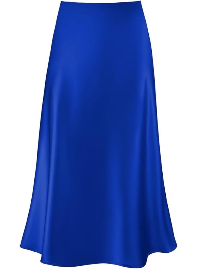 Women's Satin A-Line Midi Skirt, High Waist, Flared, Hidden Elastic Waistband - Image 1