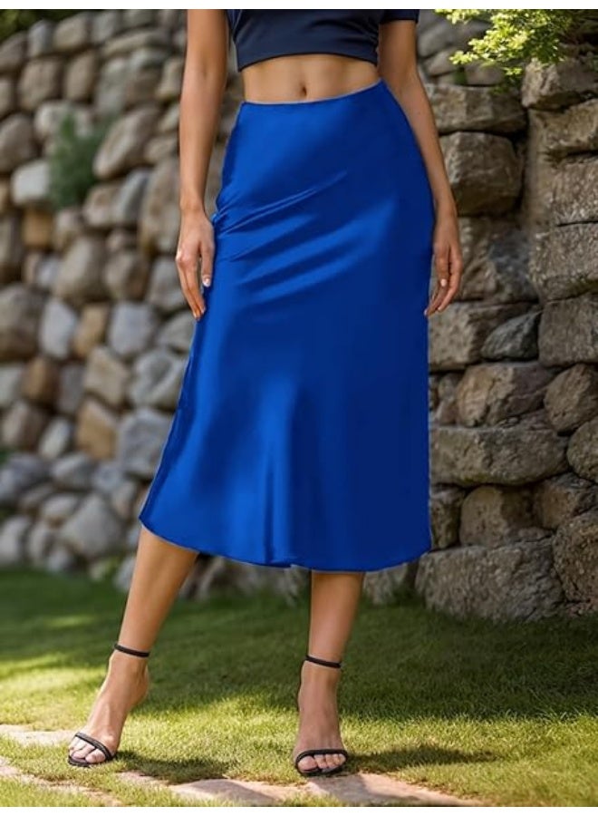 Women's Satin A-Line Midi Skirt, High Waist, Flared, Hidden Elastic Waistband - Image 2