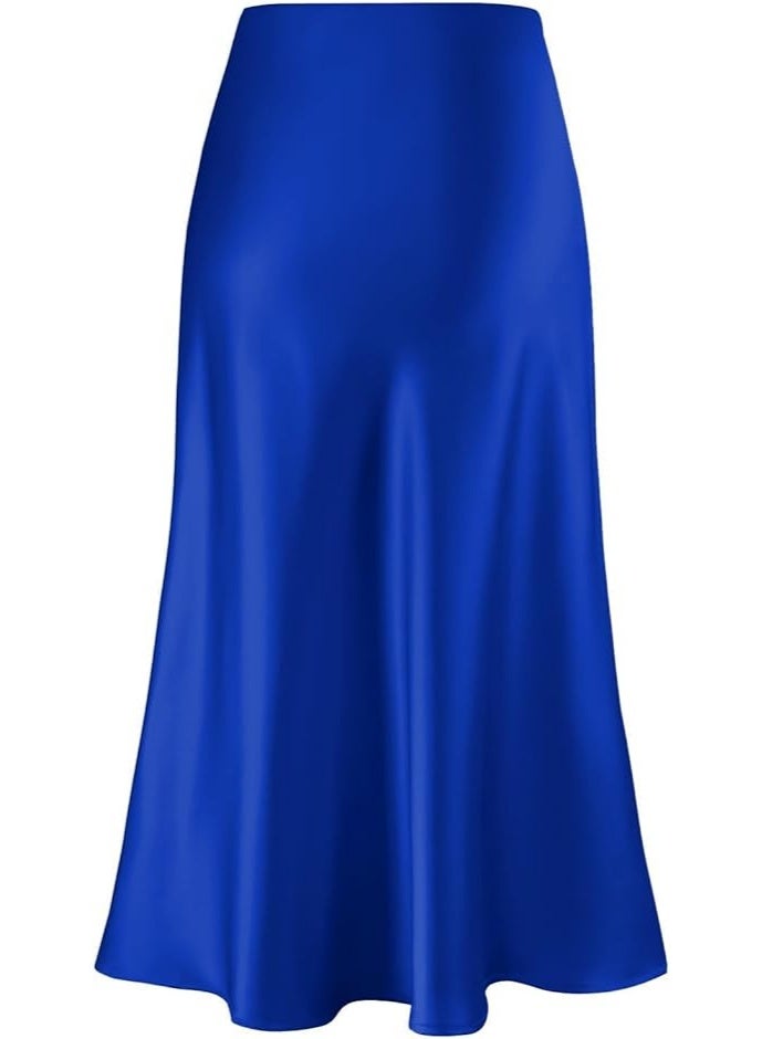 Women's Satin A-Line Midi Skirt, High Waist, Flared, Hidden Elastic Waistband - Image 5