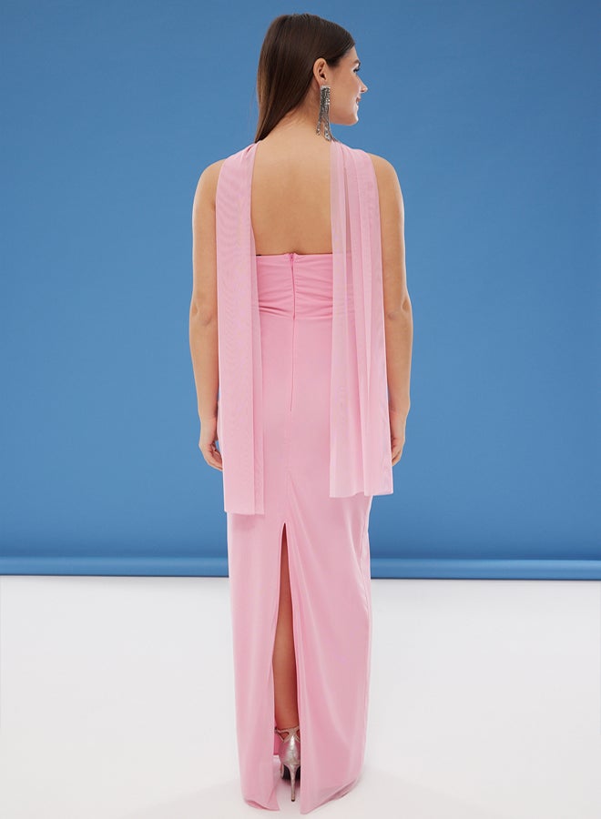 trendyol Powder Scarf Tulle Knitted Maxi Evening Dress & Graduation Dress  - Image 5