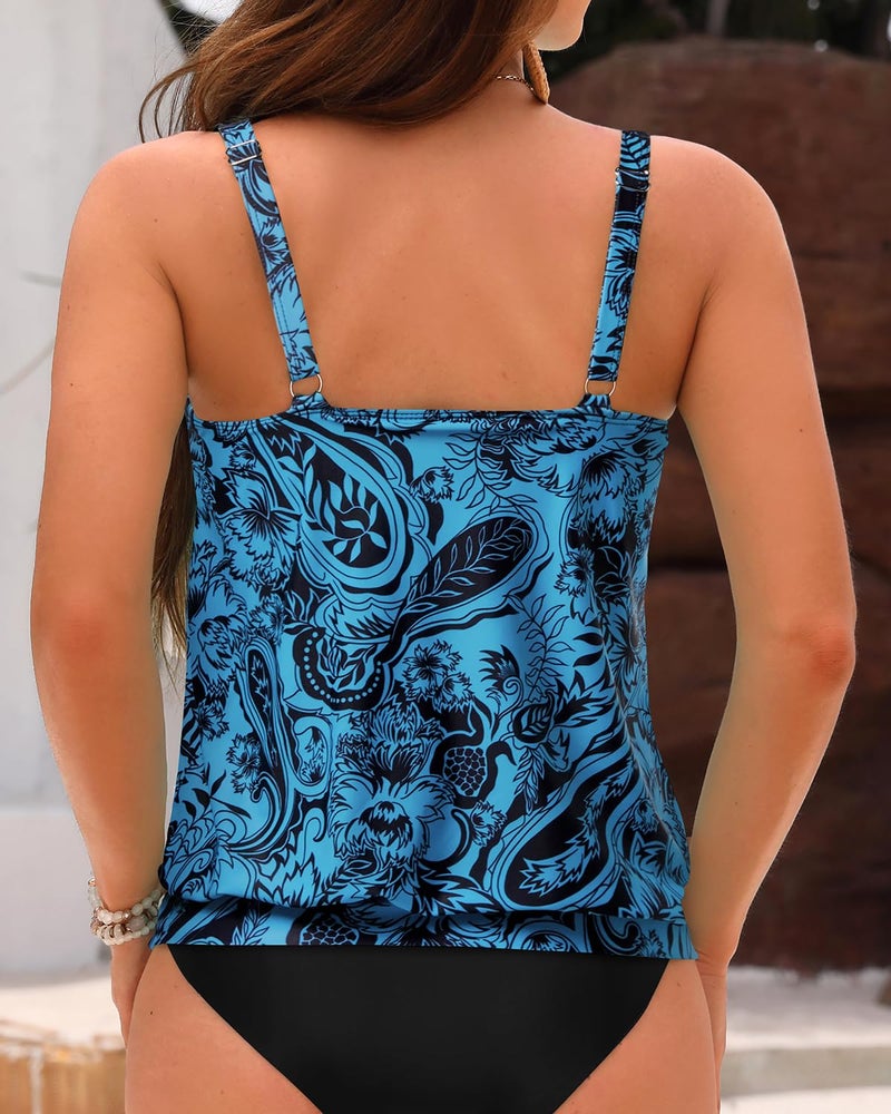 Yonique Womens Blouson Tankini Top No Bottom Loose Fit Swim Top Modest Tank Top Blue Black Paisley L - Image 5