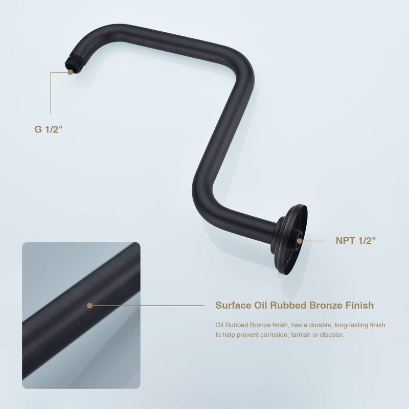 DIKUROOMS 13 Inch Oil Rubbed Bronze Gooseneck Shower Arm, S Shape Shower Head Extender High Riser, Stainless Steel Rain Shower Arm Wall Extension Replacement Pipe and Flange - Image 4