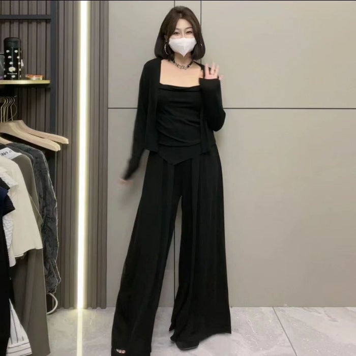 Lazy Casual suit Womens Spring and Autumn New Irregular Sling Cardigan High Waist Mop Pants Slimming Elegant Three-piece Set Black three-piece suit # 279