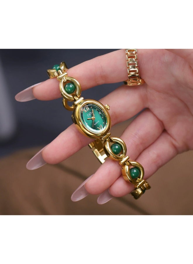 GEDI Green Oval Dial Women's Watch, Gold-Tone with Jade Accents - Vintage-Inspired Elegant Timepiece & Fashion Statement