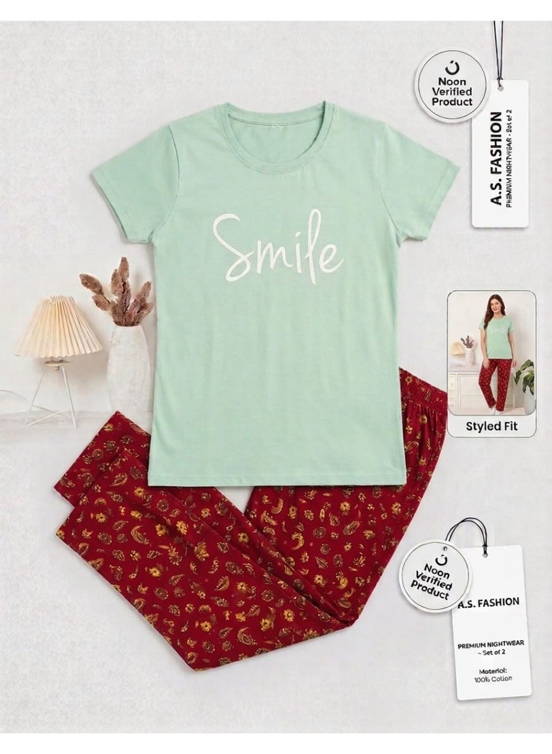 Women's Short Sleeve T-Shirt and Printed Pajama Pants Night Suit Set