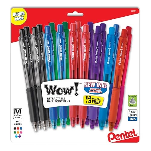 Pentel WOW! Retractable Ballpoint Pens, Medium Line, Assorted Ink Colors, 18-Pack (BK440BP18M) - Image 1