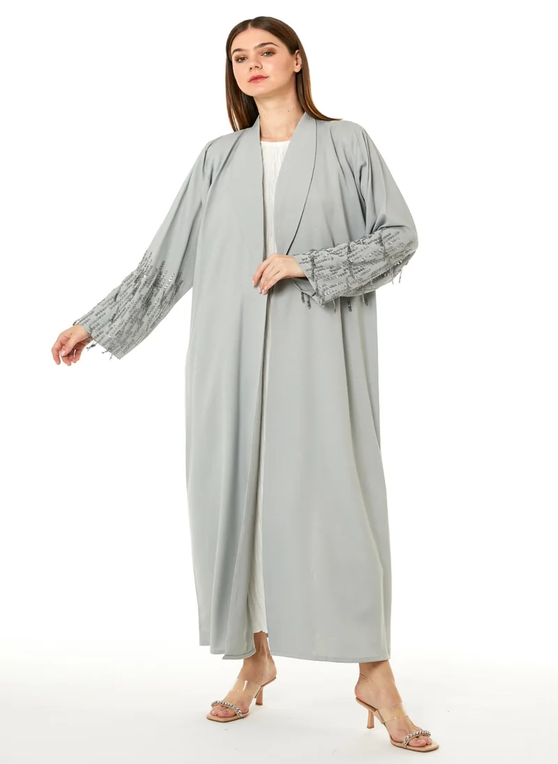 Moistreet  Grey Korean Nida Hand Embellished Abaya for Women | Best Price UAE