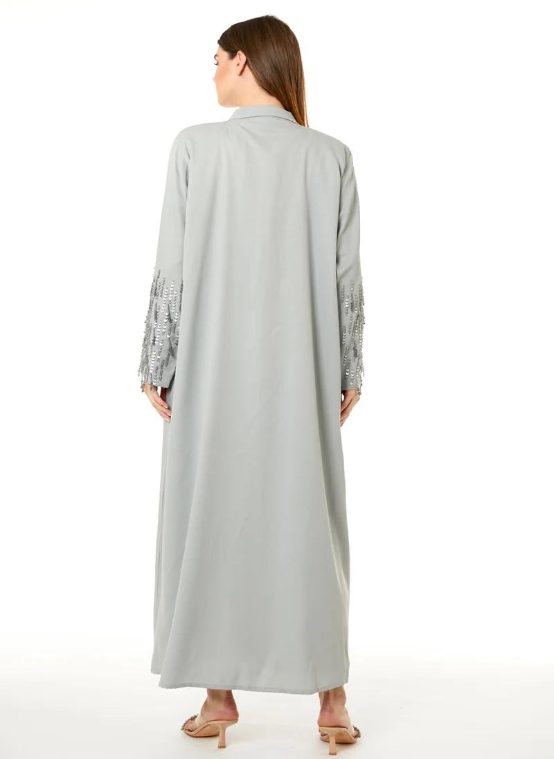 Moistreet  Grey Korean Nida Hand Embellished Abaya for Women | Best Price UAE