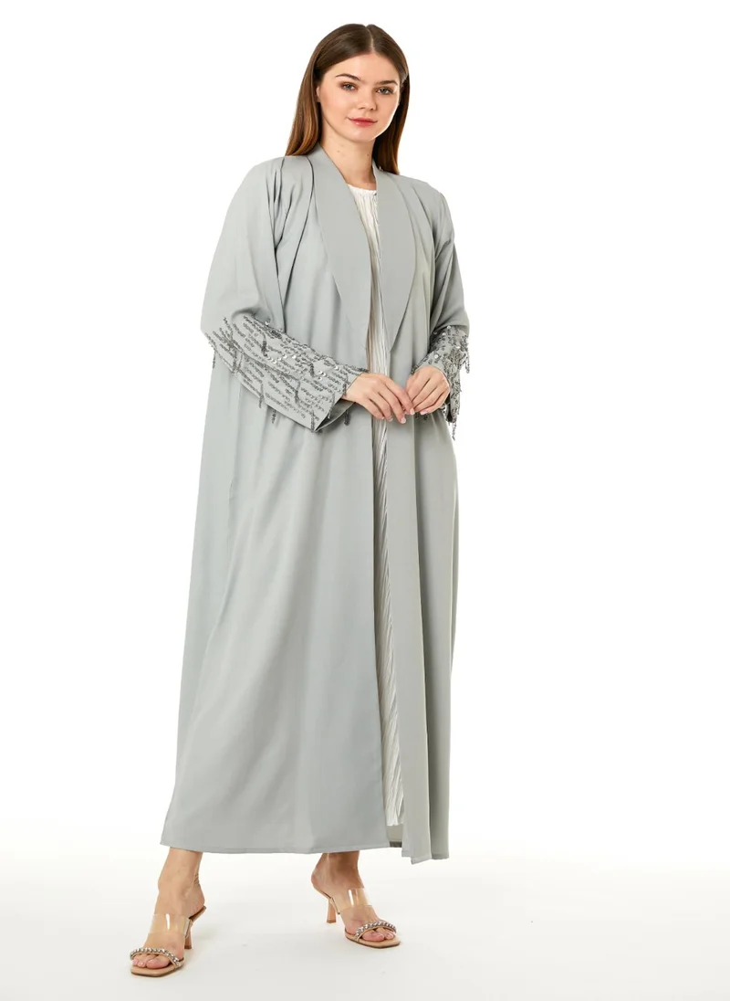 Moistreet  Grey Korean Nida Hand Embellished Abaya for Women | Best Price UAE