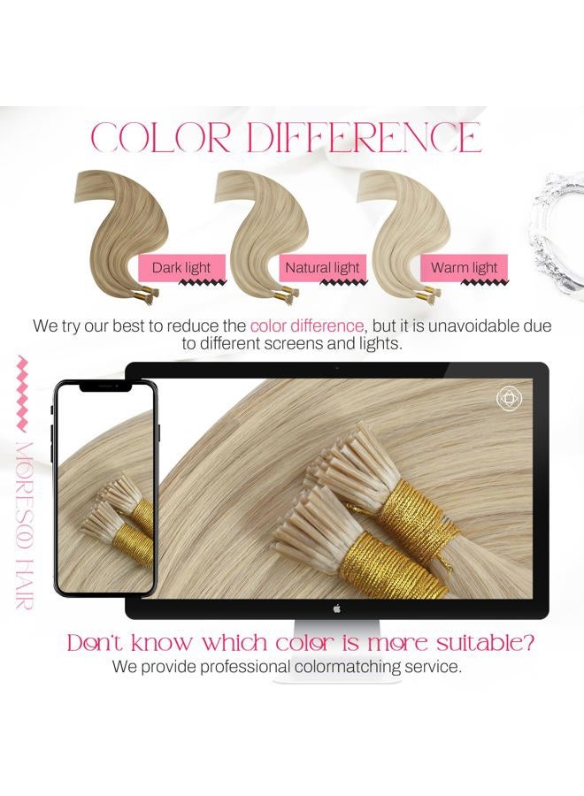 Moresoo 16Inch I tip Hair Extensions Ash Blonde Highlighted with Bleach Blonde 50g/50strands Fushion I tip Hair Extensions 100 Remy Human Hair Extensions Fushion Extensions - Image 5