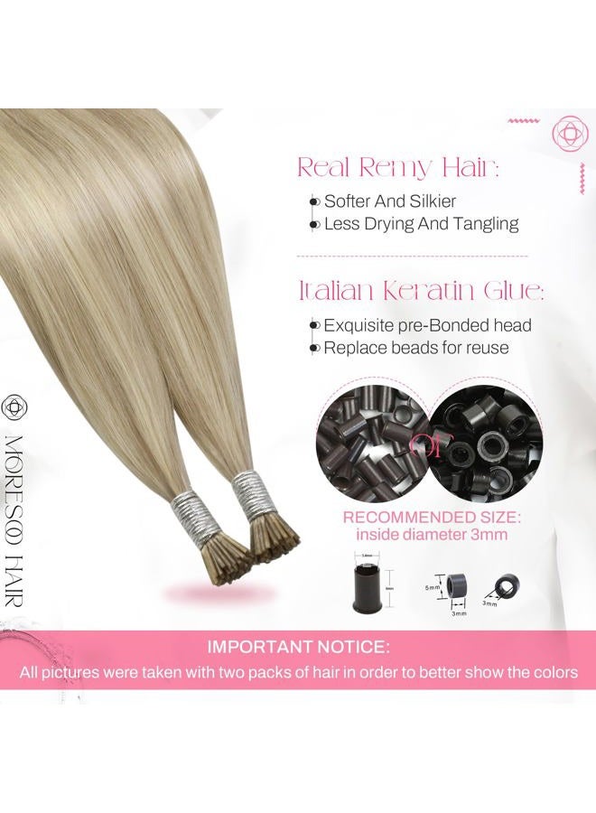 Moresoo 16Inch I tip Hair Extensions Ash Blonde Highlighted with Bleach Blonde 50g/50strands Fushion I tip Hair Extensions 100 Remy Human Hair Extensions Fushion Extensions - Image 3