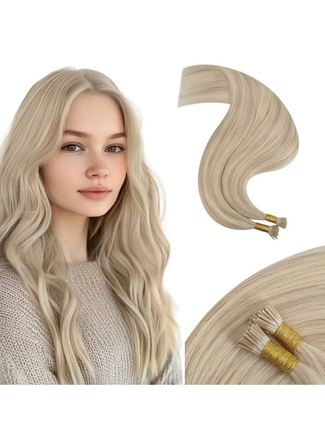 Moresoo 16Inch I tip Hair Extensions Ash Blonde Highlighted with Bleach Blonde 50g/50strands Fushion I tip Hair Extensions 100 Remy Human Hair Extensions Fushion Extensions - Image 1