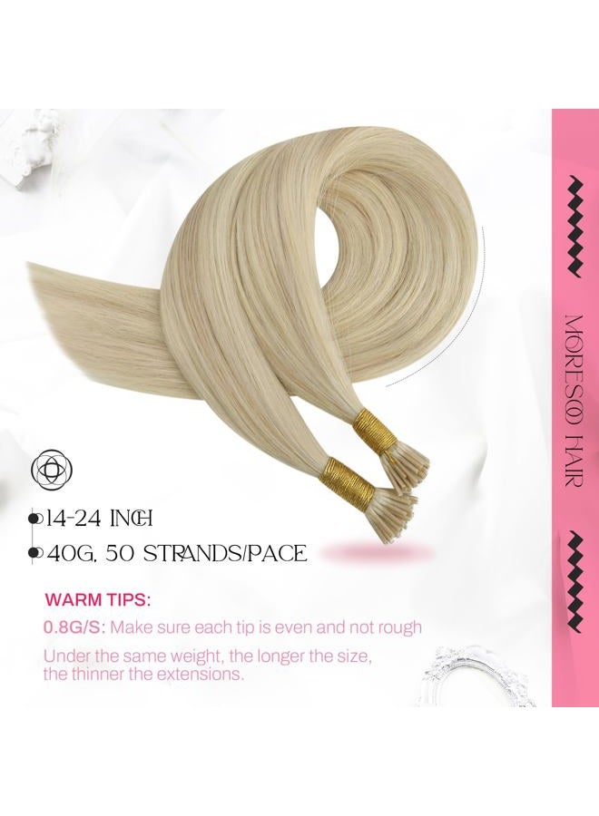 Moresoo 16Inch I tip Hair Extensions Ash Blonde Highlighted with Bleach Blonde 50g/50strands Fushion I tip Hair Extensions 100 Remy Human Hair Extensions Fushion Extensions - Image 2
