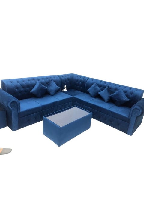 طقم كنب مخمل على شكل حرف L مع وسادة وطاولة- أزرق / -250X80X80