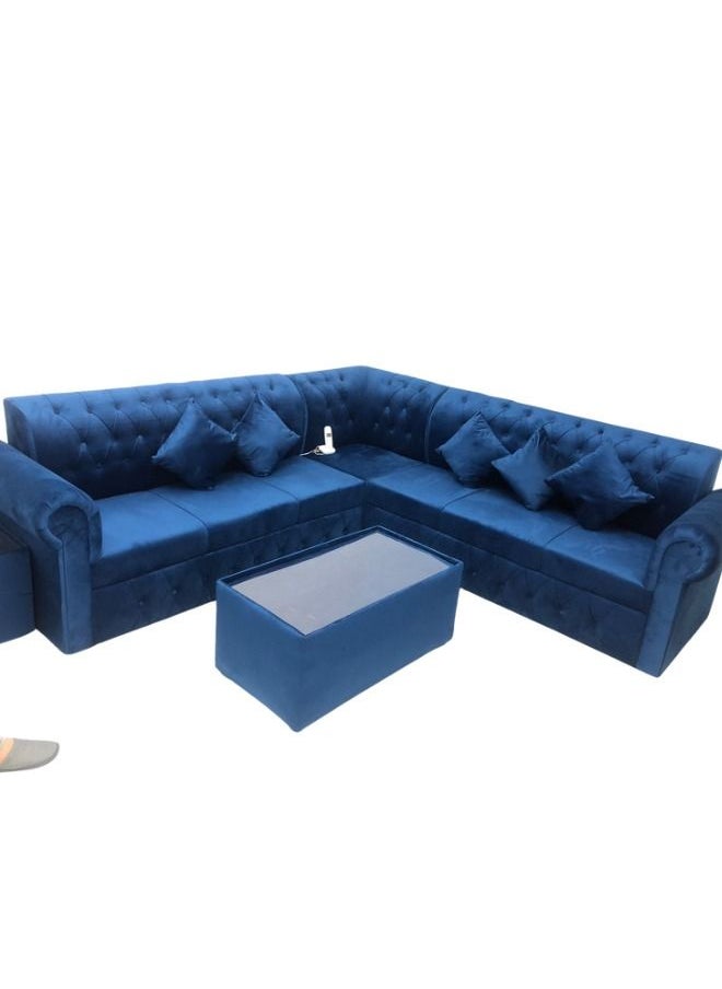 طقم كنب مخمل على شكل حرف L مع وسادة وطاولة- أزرق / -250X80X80