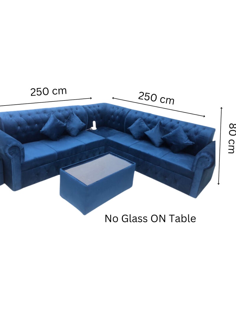 طقم كنب مخمل على شكل حرف L مع وسادة وطاولة- أزرق / -250X80X80