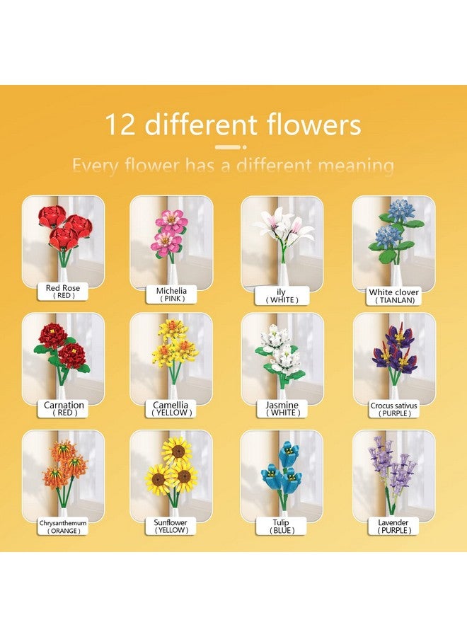 Sienon Flower Bouquet Building Set-1064 Pcs 12 Kinds Of Flowers Botanical Collection, Building Blocks Flower Brick Toys Creative Project For Home Room Décor Valentines’ Day Christmas Birthday - Image 3