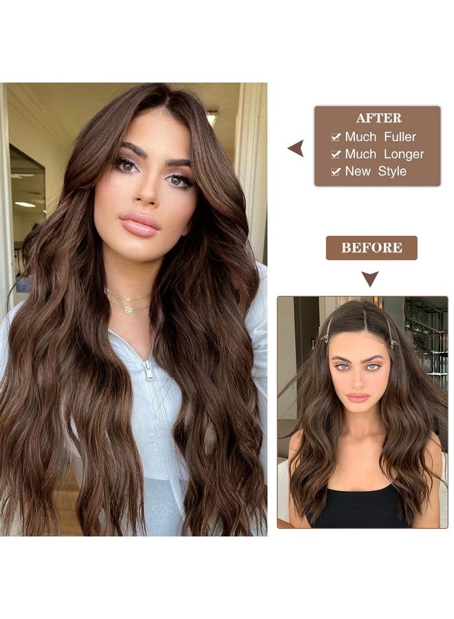 WECAN Clip in Hair Extension 24 Inch 6PCS Dark Brown Long Wavy Hairpieces for Women Natural Thick Synthetic Fiber Double Weft Hair Full Head - Image 4