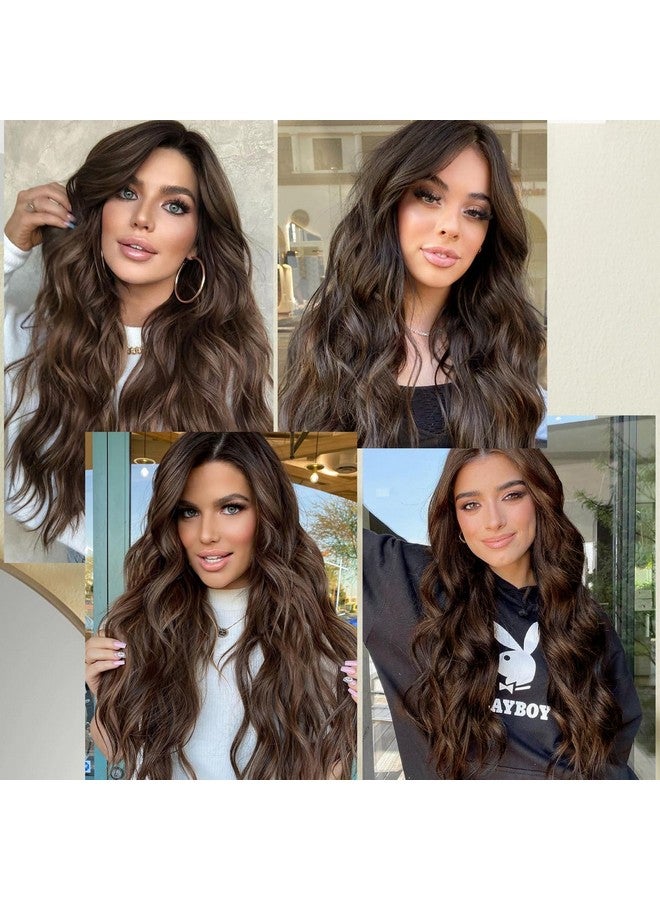 WECAN Clip in Hair Extension 24 Inch 6PCS Dark Brown Long Wavy Hairpieces for Women Natural Thick Synthetic Fiber Double Weft Hair Full Head - Image 5
