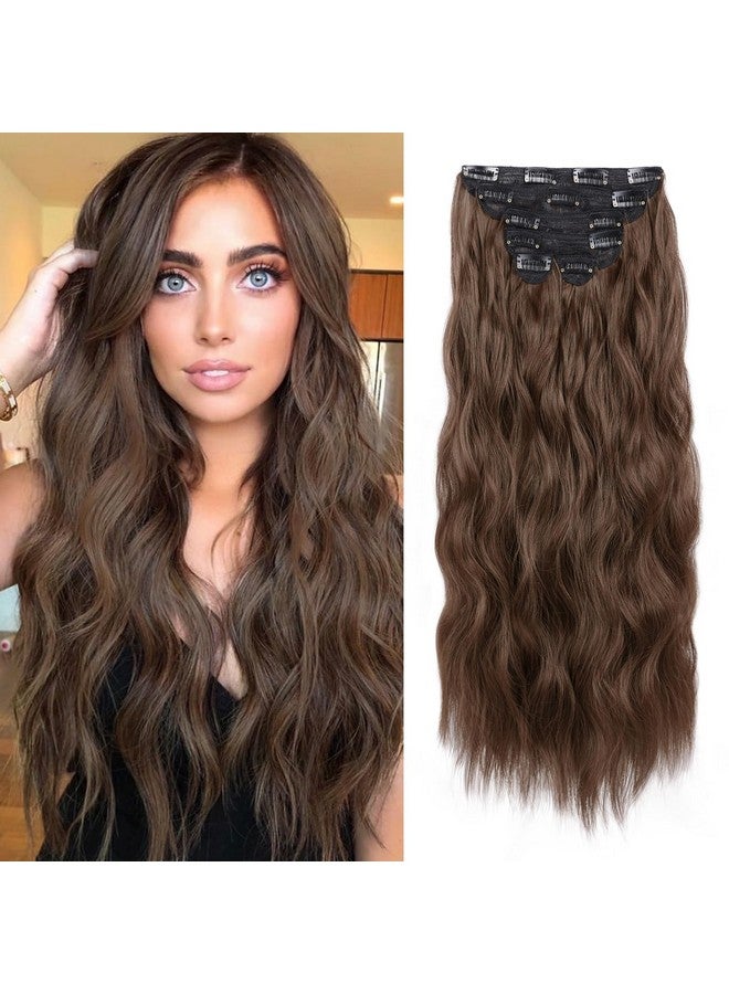 WECAN Clip in Hair Extension 24 Inch 6PCS Dark Brown Long Wavy Hairpieces for Women Natural Thick Synthetic Fiber Double Weft Hair Full Head - Image 1