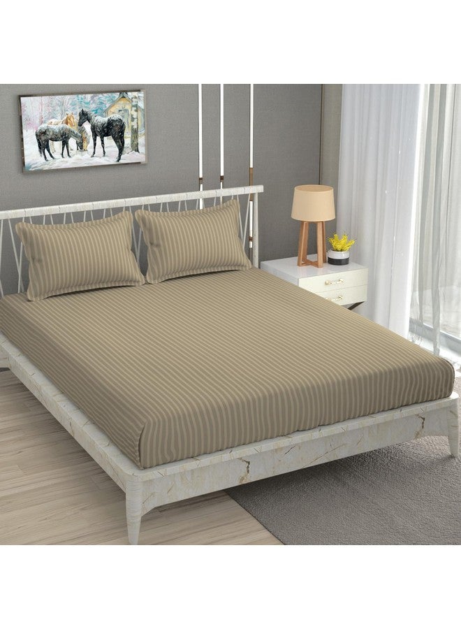 Homefab India 160 TC Stripe Glace Cotton Double BedSheet with 2 Pillow Covers - (90x90 inches) - Beige - Image 2