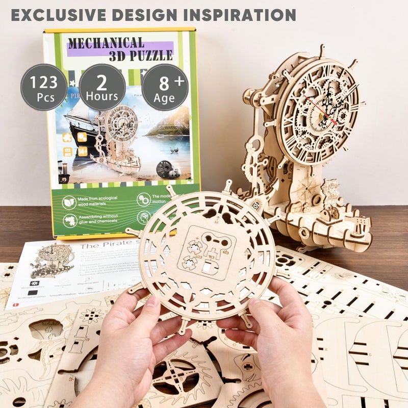 varbertos Pirate Ship Clock 3D Wooden Puzzles for Adults, Wooden Models for Adults to Build DIY 3D Puzzle Mechanical Clock Kit, Clock Making Kits Gift for Adults and Kids - Image 2