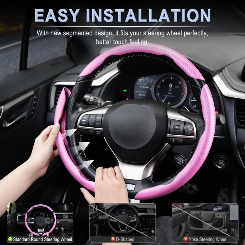 Amiss 3pcs Carbon Fiber Anti-Skid Steering Wheel Cover, Waterproof & Segmented Butterfly Design, Universal 99% Vehicle Wheel Cover Protector, Car Interior Accessories, Pink - Image 5