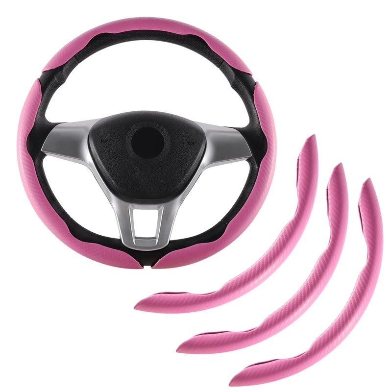 Amiss 3pcs Carbon Fiber Anti-Skid Steering Wheel Cover, Waterproof & Segmented Butterfly Design, Universal 99% Vehicle Wheel Cover Protector, Car Interior Accessories, Pink - Image 1