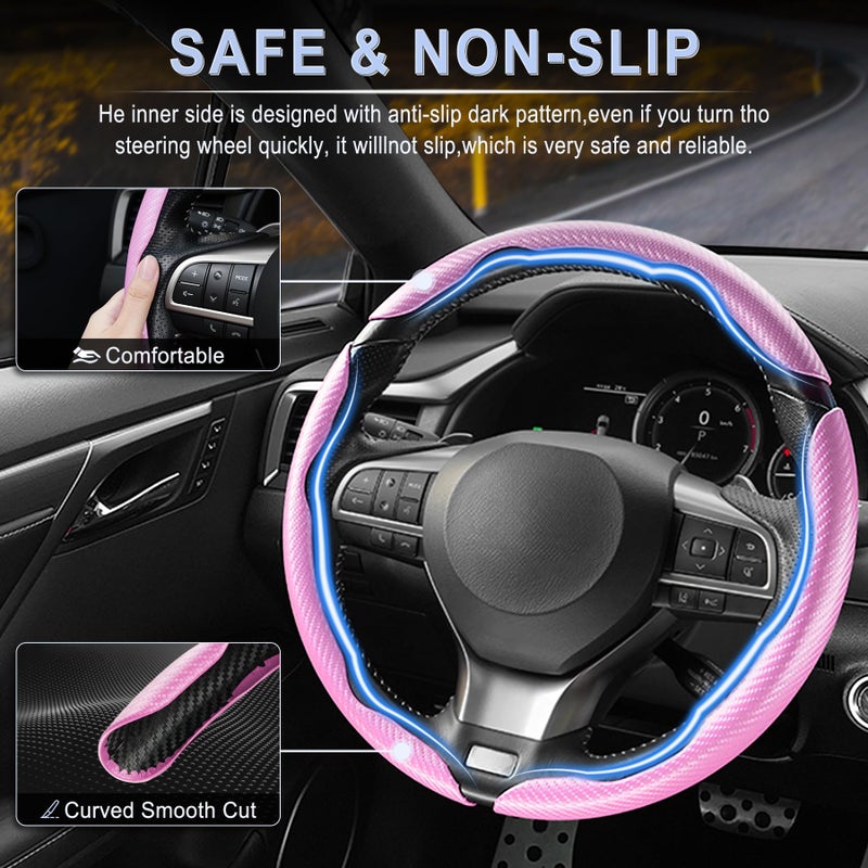 Amiss 3pcs Carbon Fiber Anti-Skid Steering Wheel Cover, Waterproof & Segmented Butterfly Design, Universal 99% Vehicle Wheel Cover Protector, Car Interior Accessories, Pink - Image 3