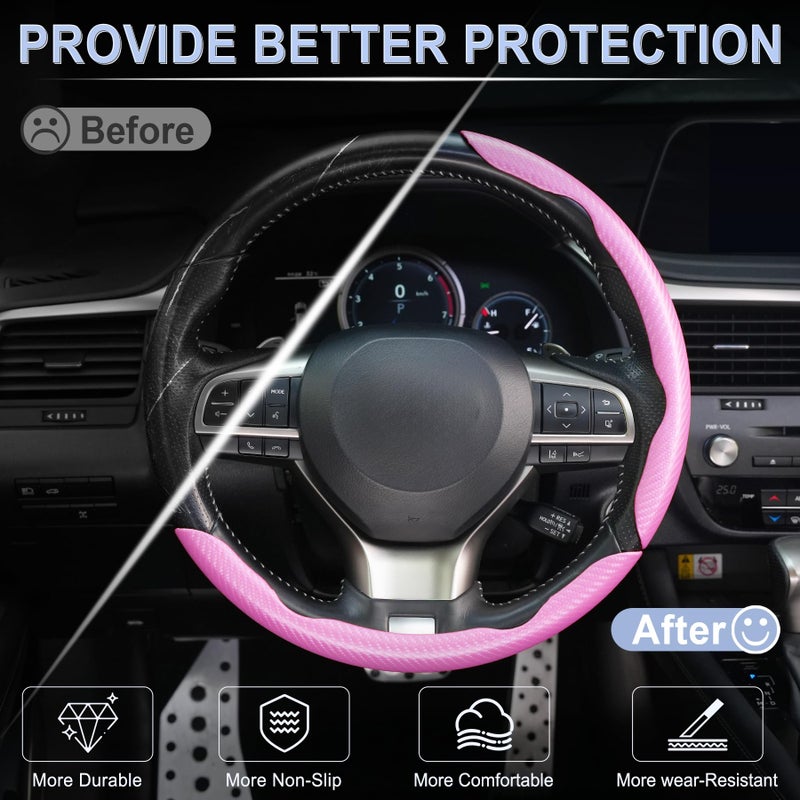 Amiss 3pcs Carbon Fiber Anti-Skid Steering Wheel Cover, Waterproof & Segmented Butterfly Design, Universal 99% Vehicle Wheel Cover Protector, Car Interior Accessories, Pink - Image 4
