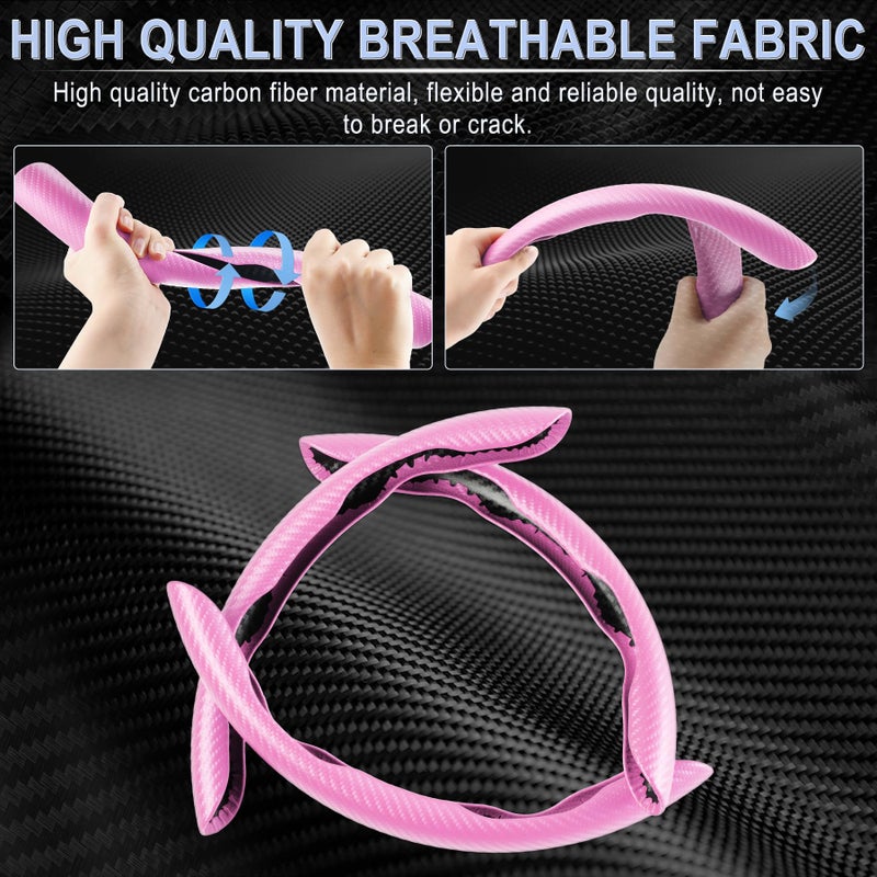 Amiss 3pcs Carbon Fiber Anti-Skid Steering Wheel Cover, Waterproof & Segmented Butterfly Design, Universal 99% Vehicle Wheel Cover Protector, Car Interior Accessories, Pink - Image 2