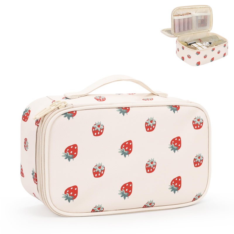 Relavel Makeup Bag, Small Makeup Bag for Women, Travel Cosmetic Bag, 2 Layers Waterproof Makeup Organizer Storage with Makeup Brush Holder, White Straberry - Image 1