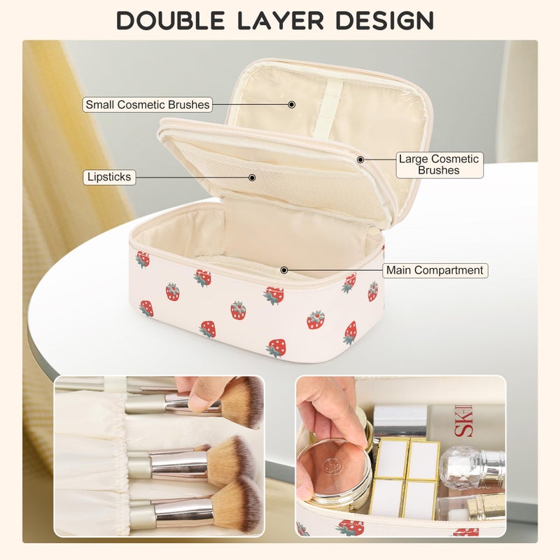 Relavel Makeup Bag, Small Makeup Bag for Women, Travel Cosmetic Bag, 2 Layers Waterproof Makeup Organizer Storage with Makeup Brush Holder, White Straberry - Image 3
