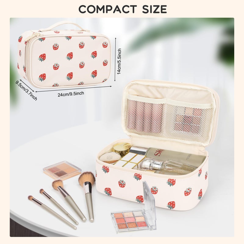 Relavel Makeup Bag, Small Makeup Bag for Women, Travel Cosmetic Bag, 2 Layers Waterproof Makeup Organizer Storage with Makeup Brush Holder, White Straberry - Image 2