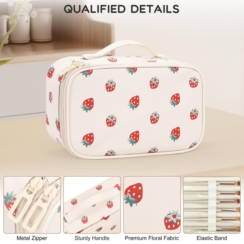 Relavel Makeup Bag, Small Makeup Bag for Women, Travel Cosmetic Bag, 2 Layers Waterproof Makeup Organizer Storage with Makeup Brush Holder, White Straberry - Image 4