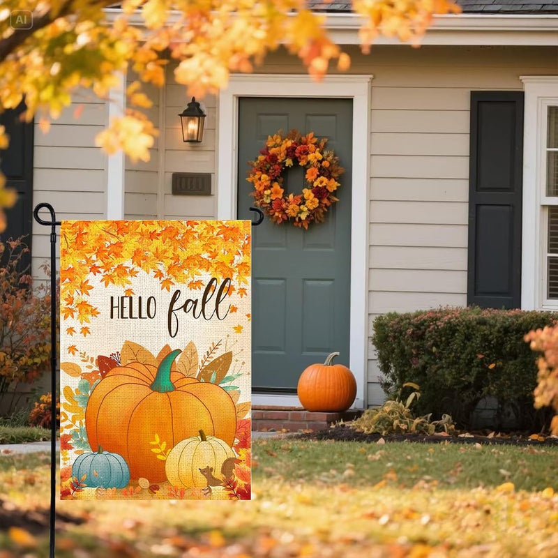 Agroon Hello Fall Pumpkin Leaf Garden Flag 12x18 Inch, Double Sided Autumn Thanksgiving Holiday Burlap Yard Flag for Outdoor Decoration - Image 2