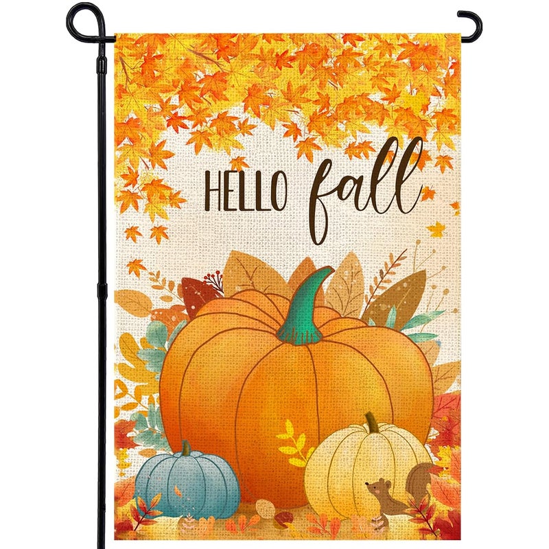 Agroon Hello Fall Pumpkin Leaf Garden Flag 12x18 Inch, Double Sided Autumn Thanksgiving Holiday Burlap Yard Flag for Outdoor Decoration - Image 1