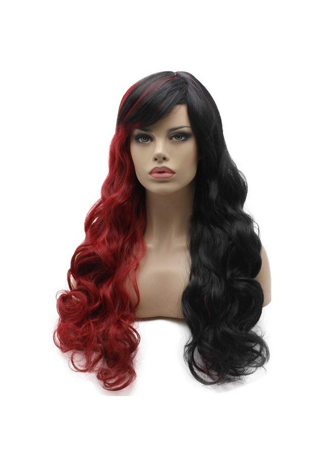 Lushy Ushy Hair Synthetic Wig Wavy Long 24In Half Red Half Black Mix Wig Heavy Density Realistic Wig  - Image 4
