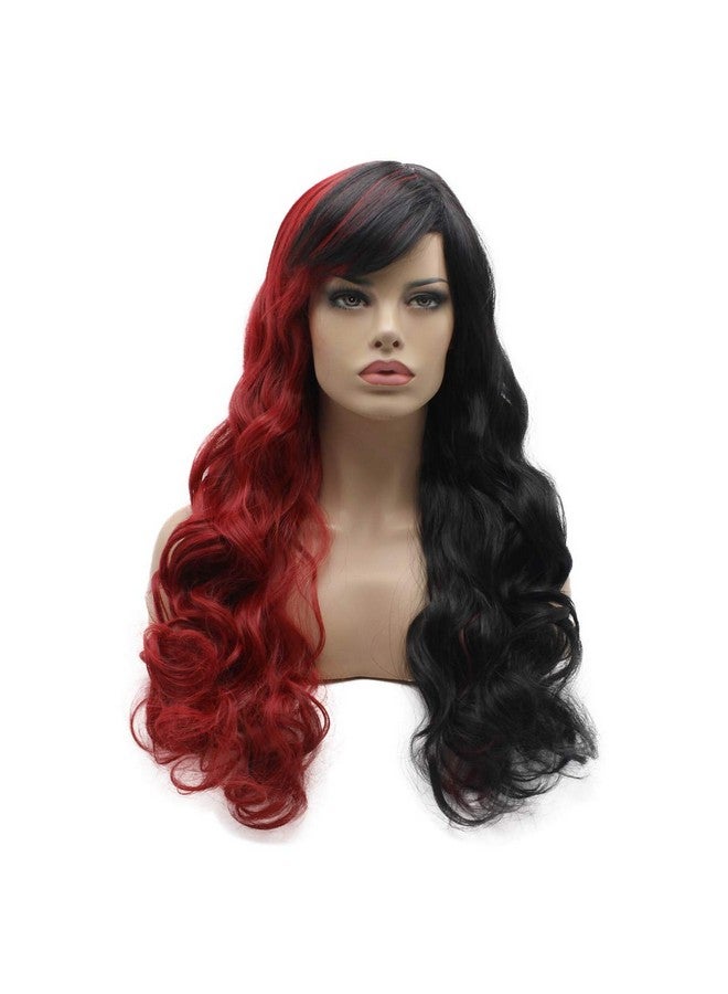 Lushy Ushy Hair Synthetic Wig Wavy Long 24In Half Red Half Black Mix Wig Heavy Density Realistic Wig  - Image 1