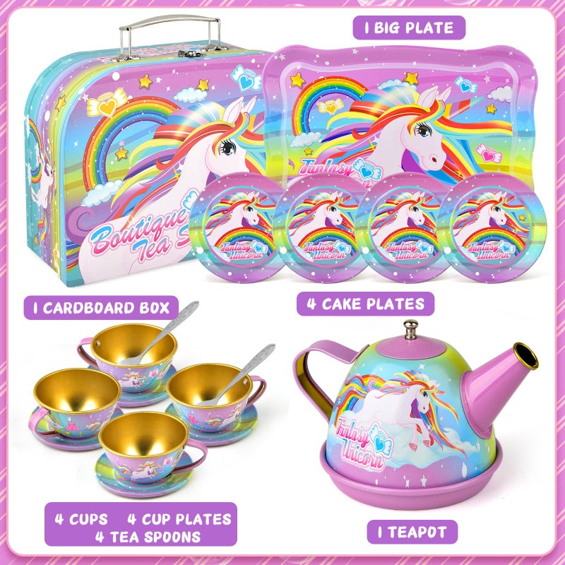 Minnot Unicorn Tea Party Set for Little Girls Age 3 4 5 6 Year Old Toddler Kids Kitchen Pretend Play Toys with Tin Tea Set Cake Stand for Girls Boys - Image 3