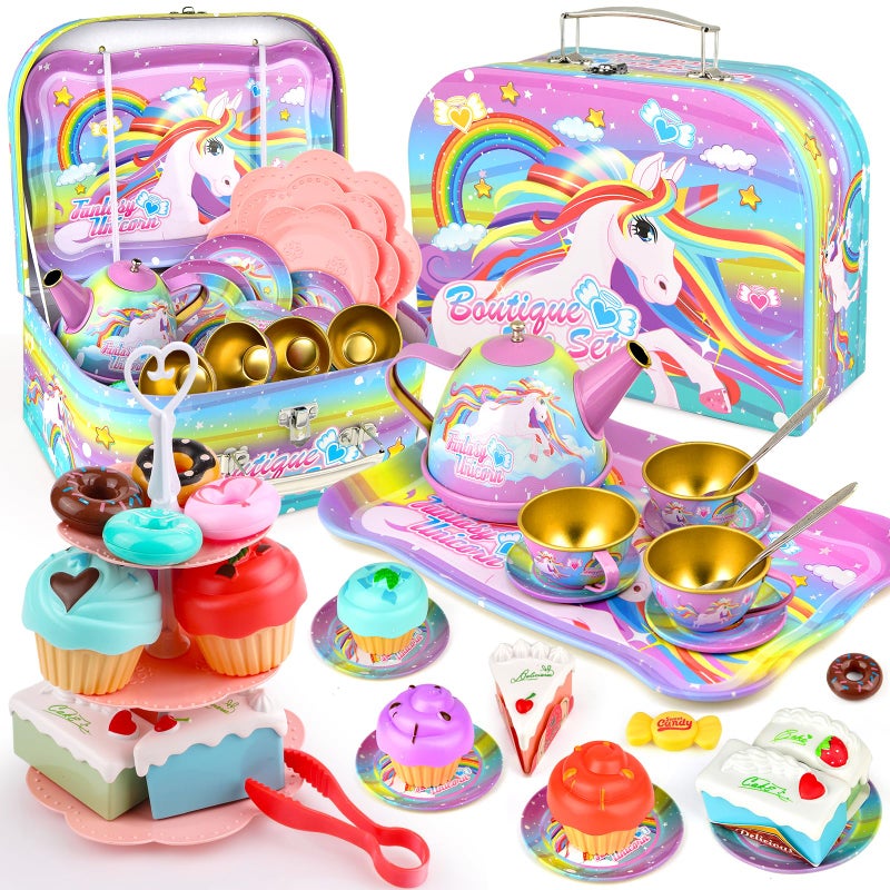 Minnot Unicorn Tea Party Set for Little Girls Age 3 4 5 6 Year Old Toddler Kids Kitchen Pretend Play Toys with Tin Tea Set Cake Stand for Girls Boys - Image 2