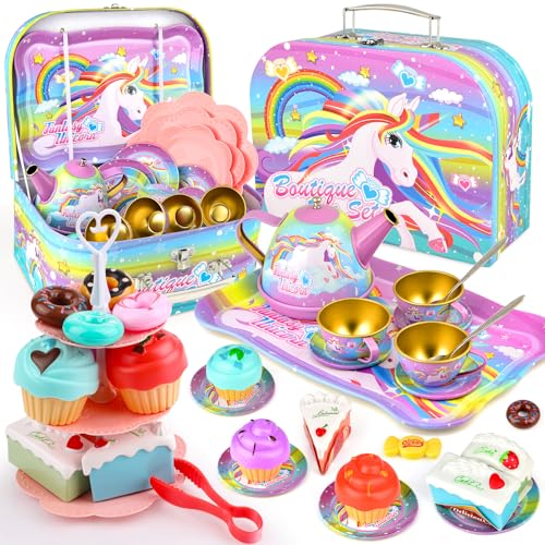 Minnot Unicorn Tea Party Set for Little Girls Age 3 4 5 6 Year Old Toddler Kids Kitchen Pretend Play Toys with Tin Tea Set Cake Stand for Girls Boys - Image 1