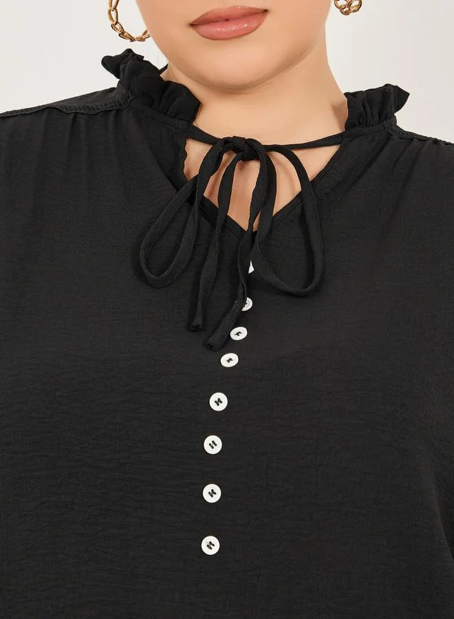 Styli Plus Size Balloon Sleeve Tie-Up Neck Blouse