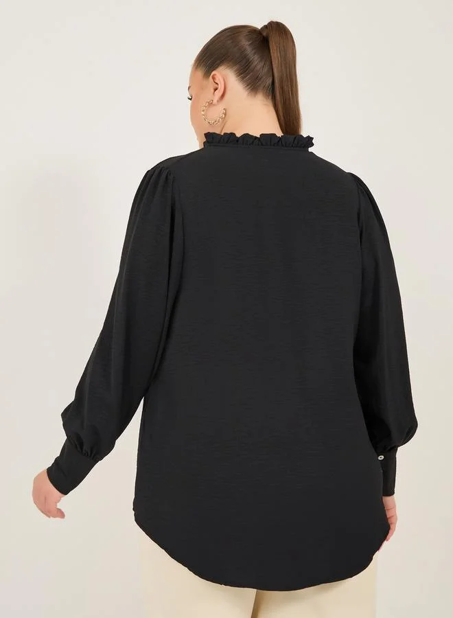 Styli Plus Size Balloon Sleeve Tie-Up Neck Blouse