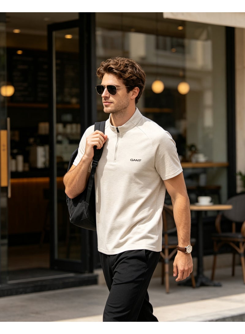 GANT Men Light Tone Half Zip Stand Collar Short Sleeve Polo Casual Breathable Plain Daily Top Beige - Image 4